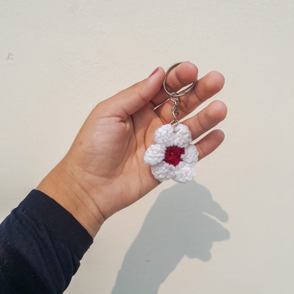 Red crochet flower keychain