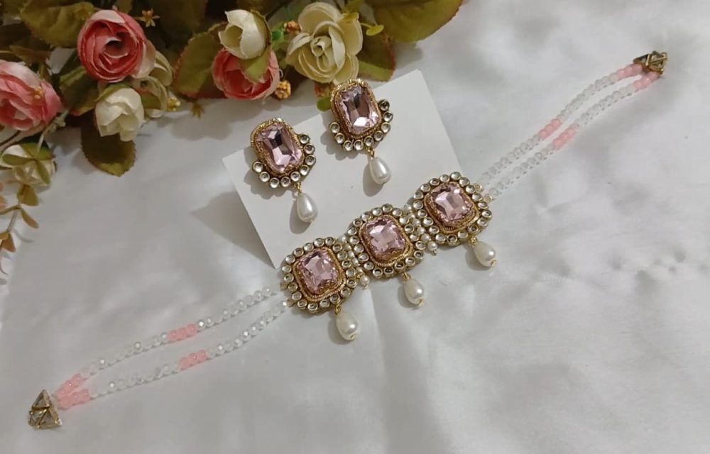 Pink necklace with matching earrings
